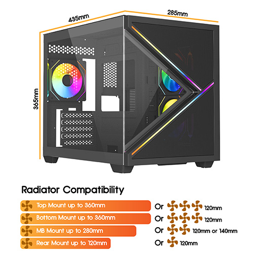 Vida Arcade Black ARGB Gaming Case w/ Glass Side & Glass/Mesh Front, Micro ATX, ARGB Strips, 3x ARGB PWM Fans, 6-Port ARGB Fan Hub & Remote Control