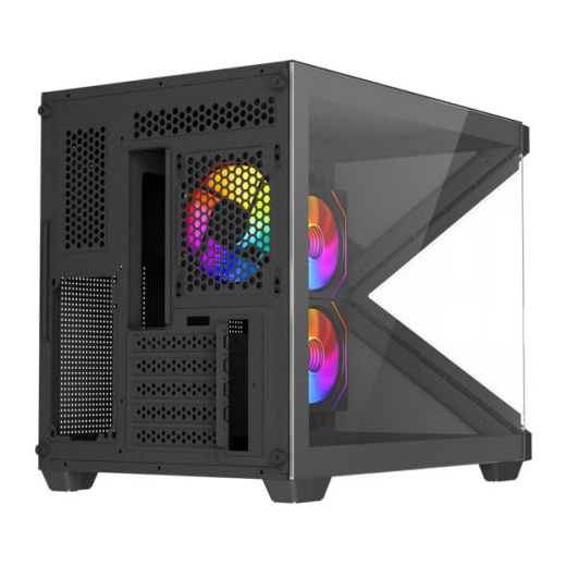 Vida Arcade Black ARGB Gaming Case w/ Glass Side & Glass/Mesh Front, Micro ATX, ARGB Strips, 3x ARGB PWM Fans, 6-Port ARGB Fan Hub & Remote Control
