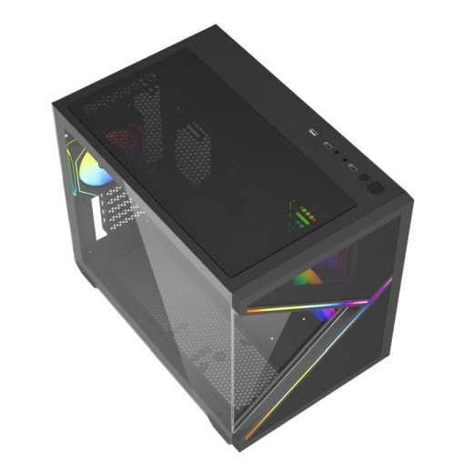 Vida Arcade Black ARGB Gaming Case w/ Glass Side & Glass/Mesh Front, Micro ATX, ARGB Strips, 3x ARGB PWM Fans, 6-Port ARGB Fan Hub & Remote Control
