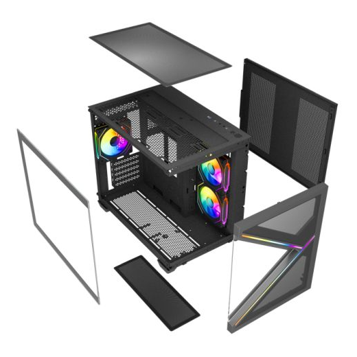 Vida Arcade Black ARGB Gaming Case w/ Glass Side & Glass/Mesh Front, Micro ATX, ARGB Strips, 3x ARGB PWM Fans, 6-Port ARGB Fan Hub & Remote Control