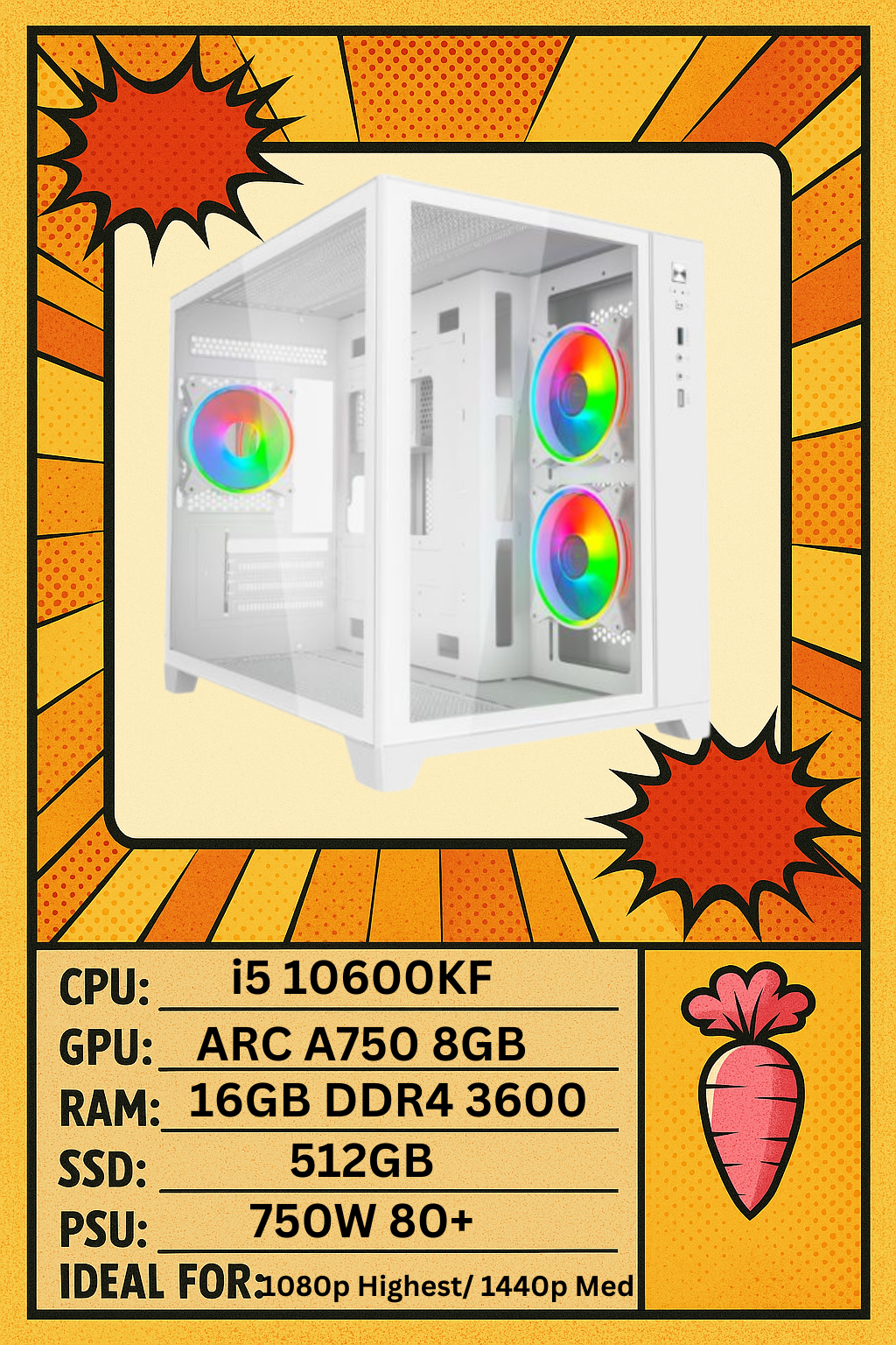 Akira White Gaming PC โ Intel i5 10600KF | ARC A750 | 16GB DDR4 | 512GB SSD