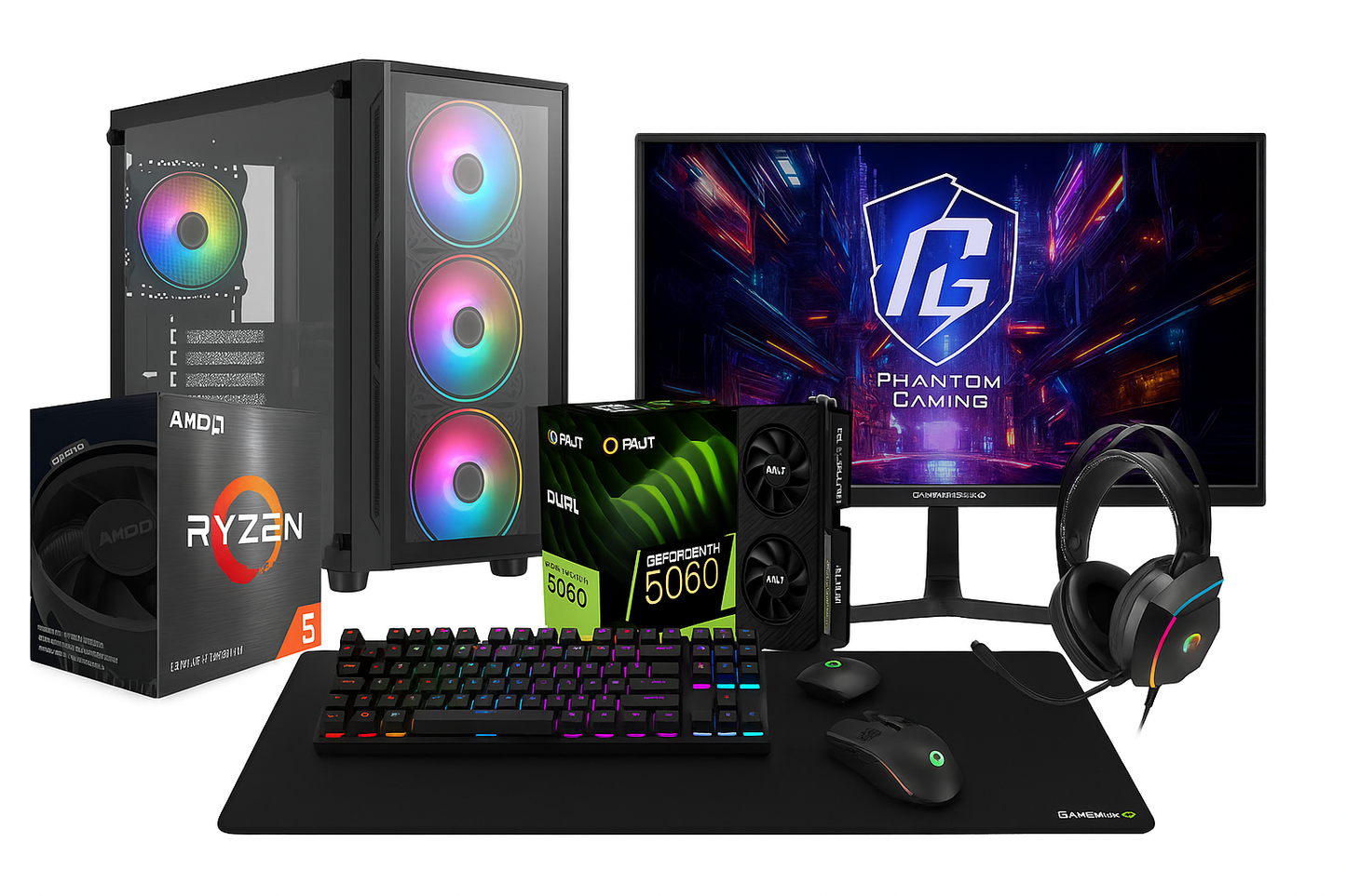 Lucid Pro+ Gaming Setup – Complete Bundle! Ryzen 5 5600, RTX 5060, 32GB RAM + 180Hz Monitor & Gaming Gear