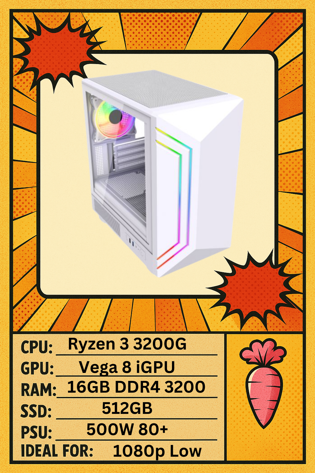 Apollo PC Ryzen 3 3200G 4 Core - Vega 8 onboard Graphics - 16GB DDR4 - 512GB SSD (White)
