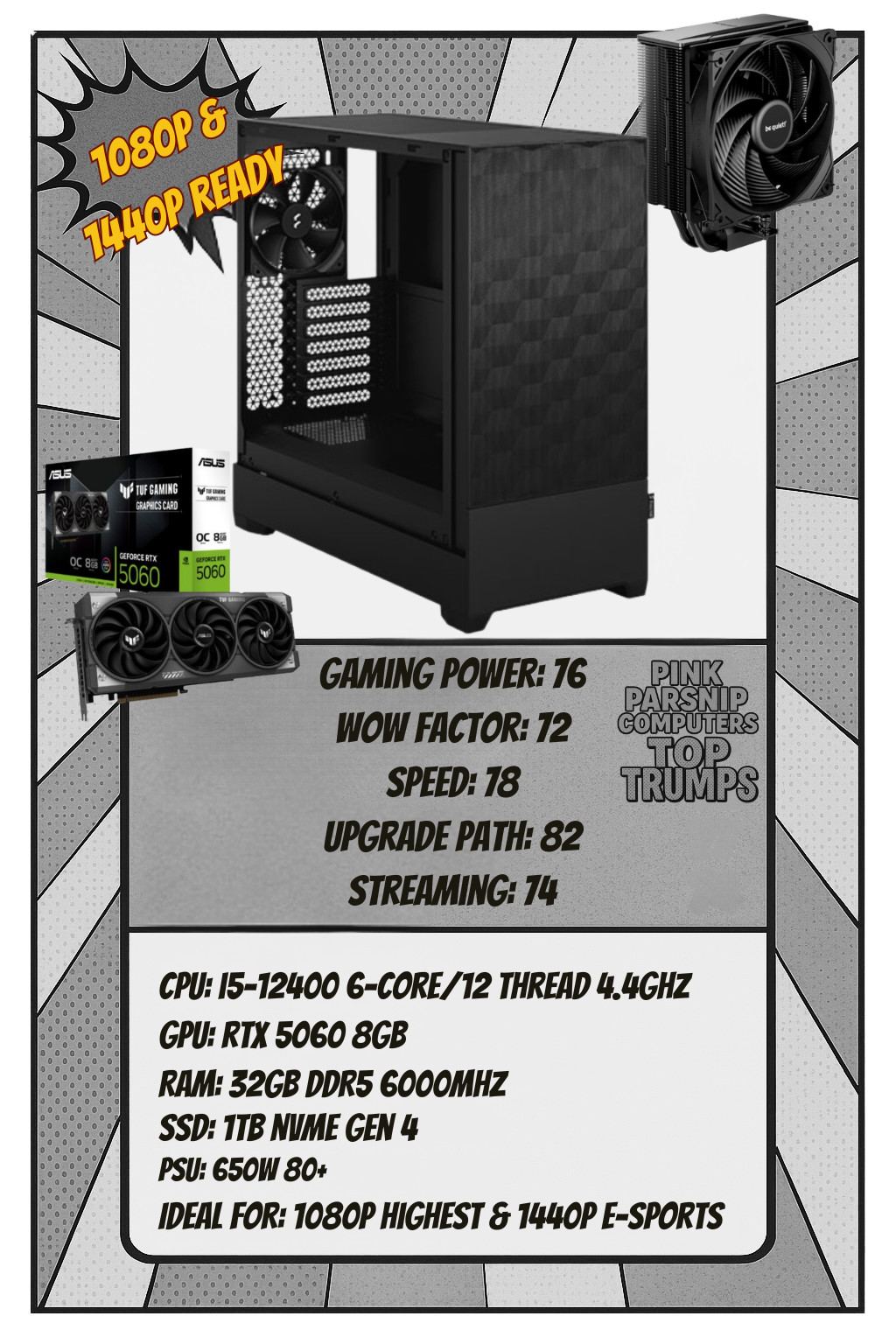 Clean Black Performance PC | i5-12400 | RTX 5060 8GB | 32GB DDR5 RAM | 1TB NVMe SSD | Windows 11