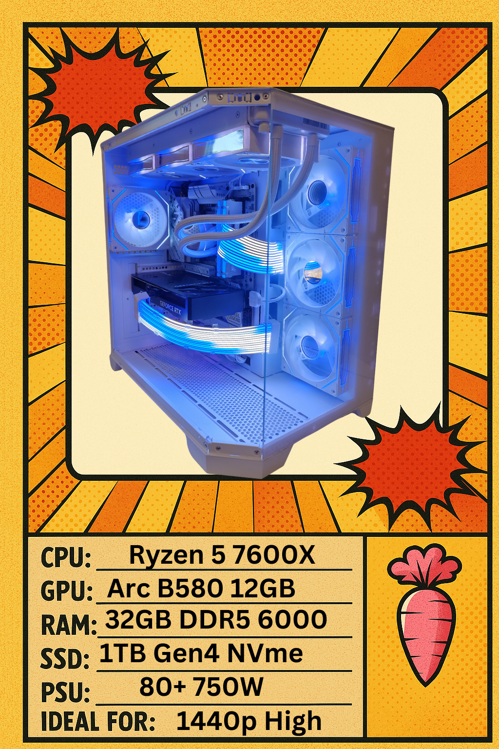 Lucid White RGB Gaming PC – Ryzen 5 7600X | Arc B580 12GB White | 32GB DDR5 | 1TB Gen4 | Windows 11 Pro