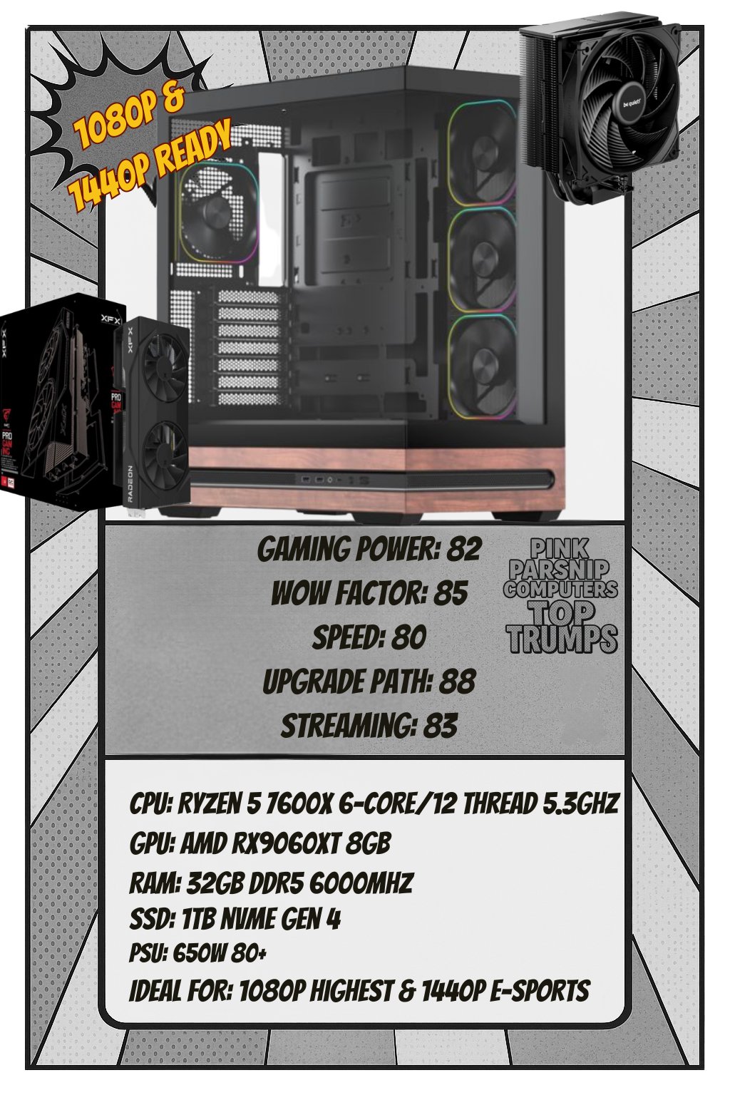 Clean Black Performance PC | Ryzen 5 7600X | RX 9060 XT 8GB | 32GB DDR5 RAM | 1TB NVMe SSD | Windows 11
