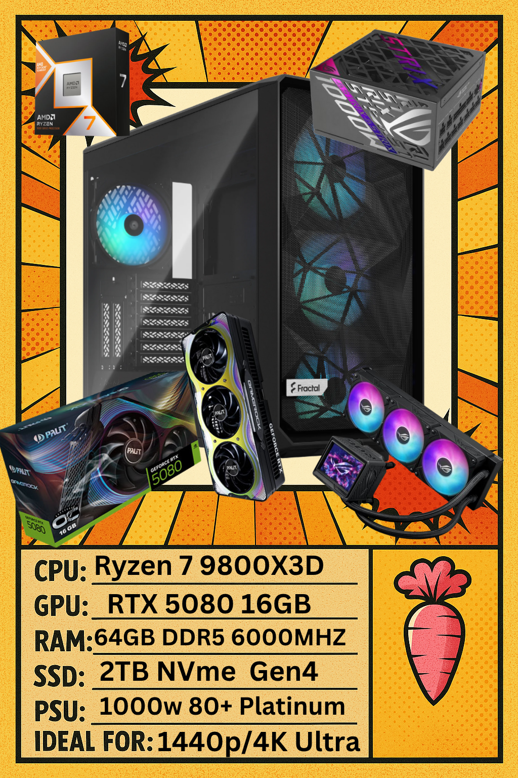 Meshify Black – Ryzen 7 9800X + RTX 5080 | 64GB RAM | 2TB NVMe SSD | Gaming PC