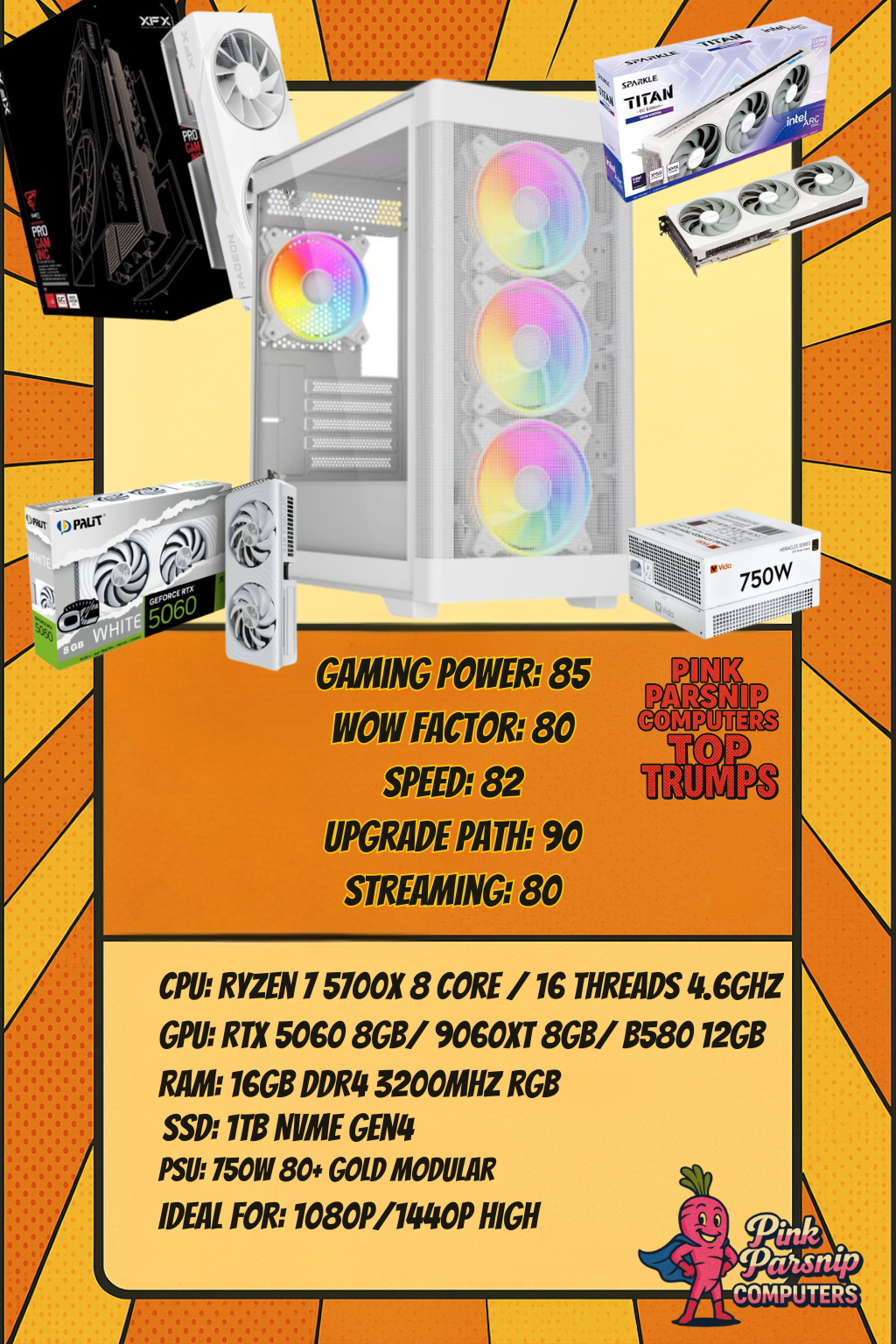 White 1440p Gaming PC & Pick Your GPU Ryzen 7 5700X (RTX 5060 / RX 9060 XT / Intel Arc B580)