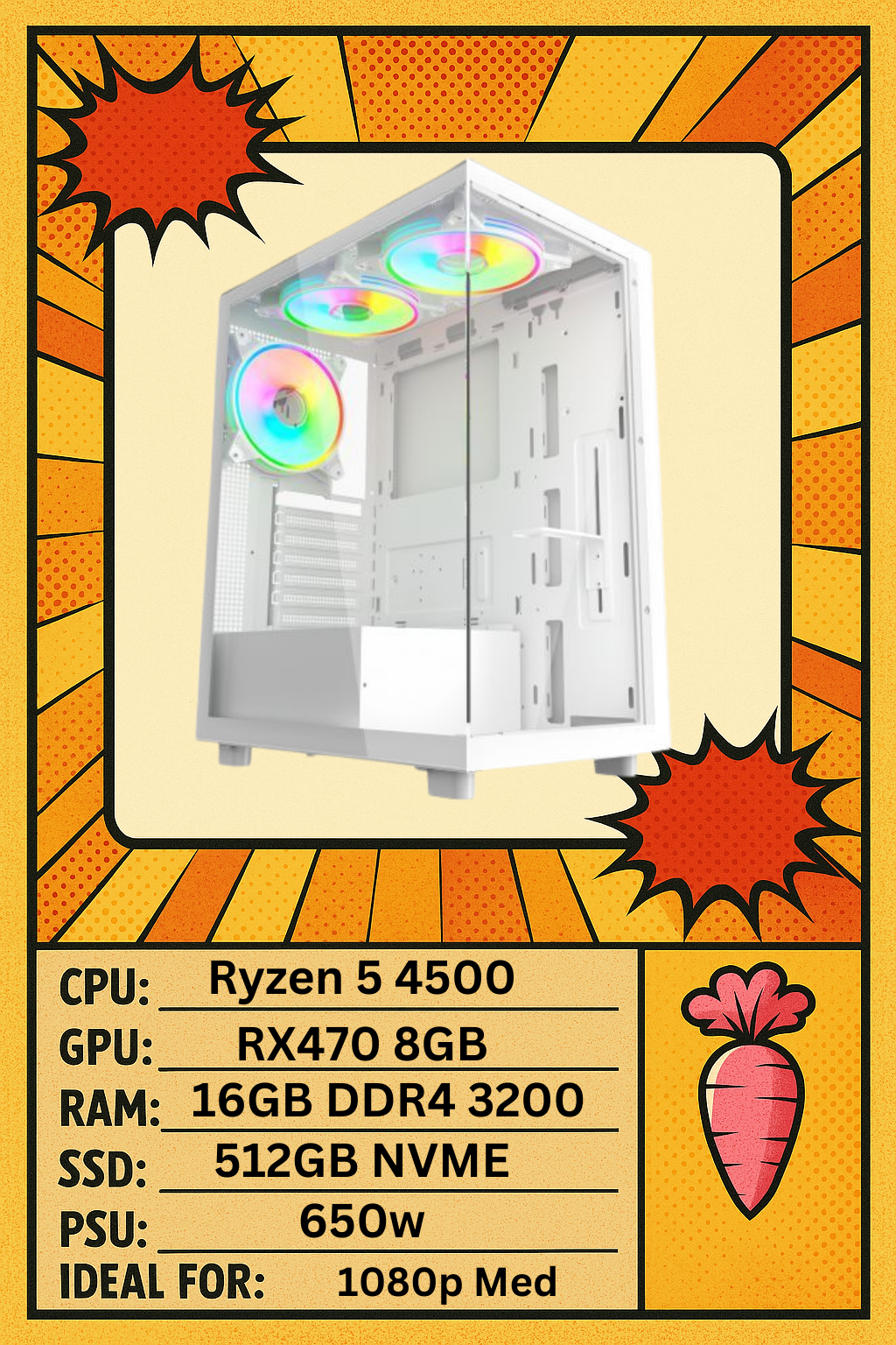 Vetro – RX 470, Ryzen 5 4500, 16GB DDR4, 500GB NVMe, White Micro-ATX Edition