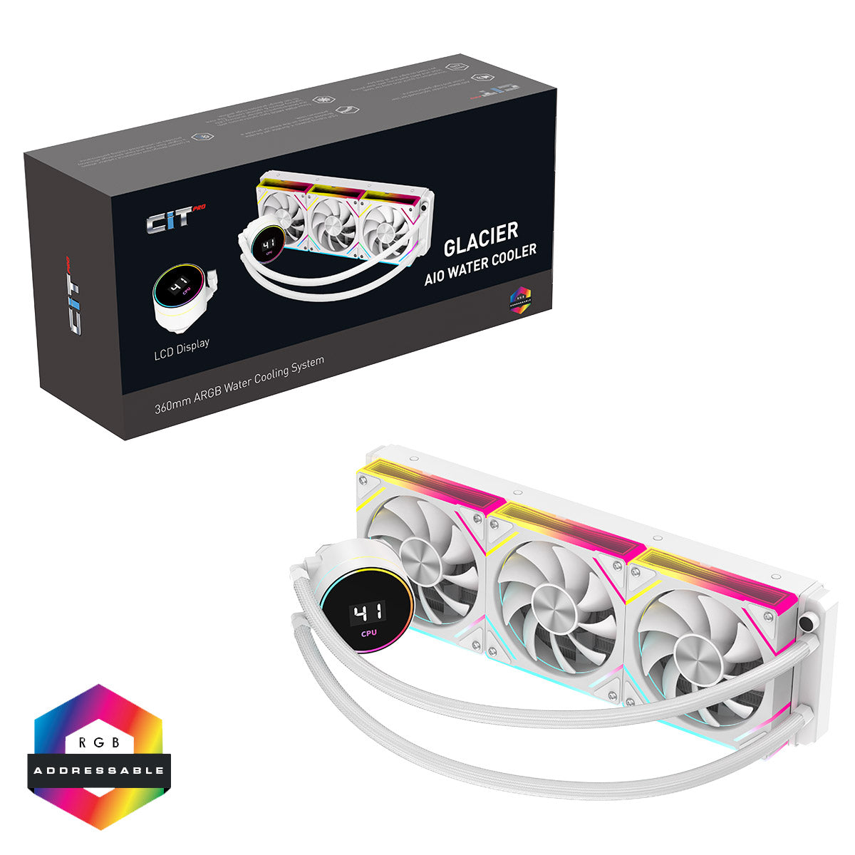 ❄️ CiT Pro Glacier White 360mm ARGB AIO Liquid Cooler with LCD Temp Display ❄️