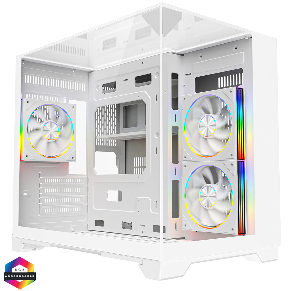 Powercool Atom White mATX Gaming Case Dual Chamber With 3 x Tempered Glass Panels With 3 x CiT Saturn PWM ARGB Fans and 6 Port PWM Hub
