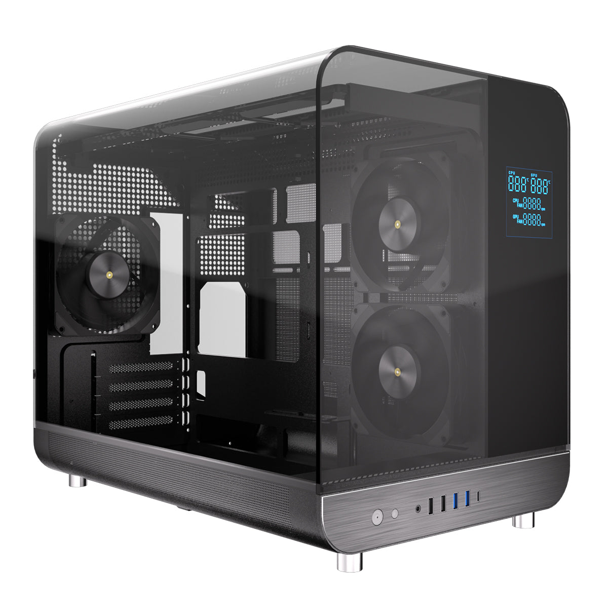 Powercool Aviator Black mATX Gaming Case Dual Chamber With 2 x Tempered Glass Panels With 3 x PWM FDB Black Fans Included