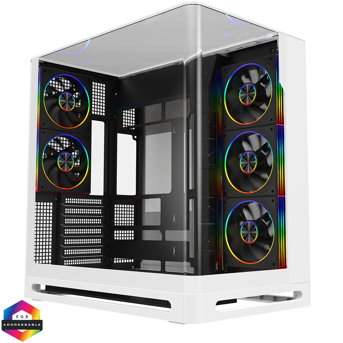 Powercool Navigator White ATX Gaming Case Dual Chamber With Curved Tempered Glass With 5 x Saturn Fans and 9-Port Hub With Remote Included