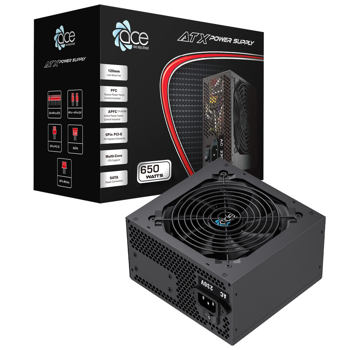 ACE 650w ATX PSU With 120mm Fan and Flat Black Cables