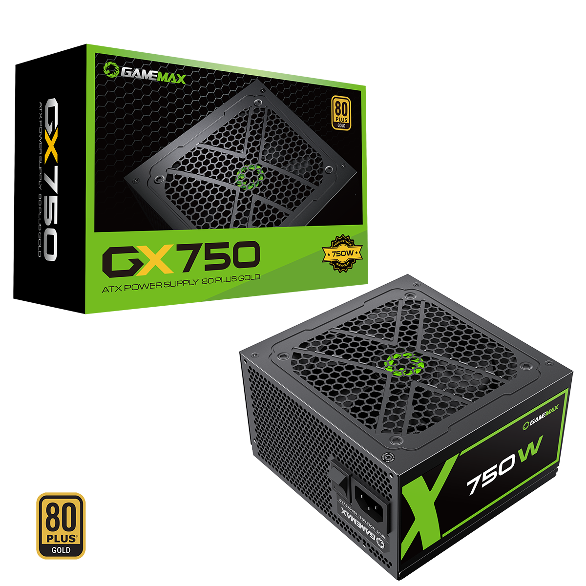 GameMax GX750W Modular 80 Plus Gold Black Power Supply with 120mm FDB Fan
