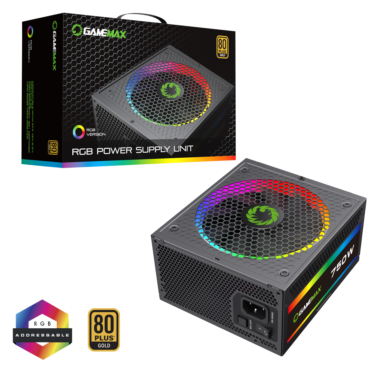 GameMax 750W Pro Modular 80 Plus Gold Power Supply With 14cm ARGB Fan