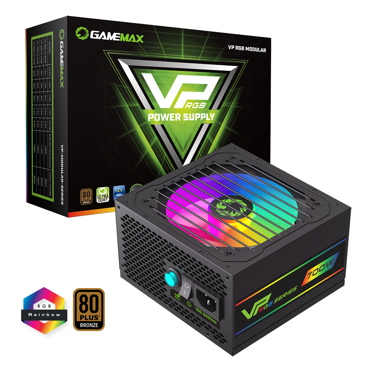 GameMax VP-700W Semi-Modular 80 Plus Bronze Black Power Supply With 120mm RGB Fan