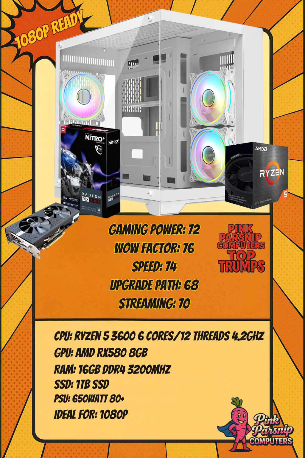 Tash โ Ryzen 5 3600 | RX 580 8GB | 16GB RAM | 1TB SSD | White Budget Gaming PC