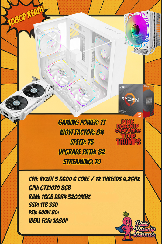 Ryzen 5 3600 • GTX 1070 8GB • 16GB DDR4 • 1TB SSD — Whiteout Gaming PC