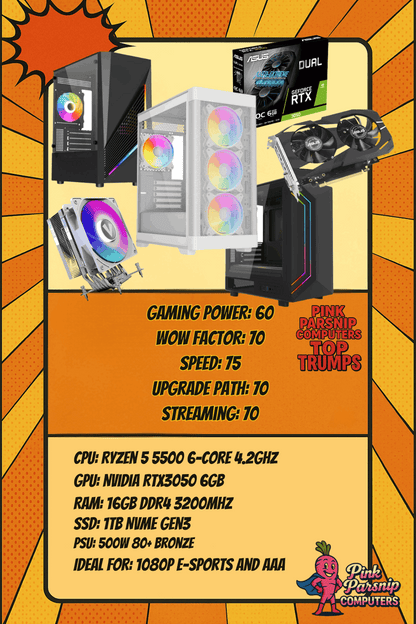 Zephyr Choose Case – Ryzen 5 5500 + RTX3050 | 16GB RAM | 1TB NVMe SSD | Gaming PC