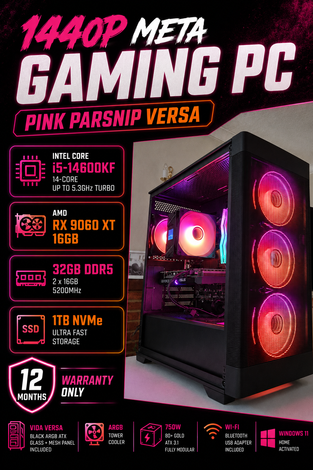 1440p Meta Gaming PC – Pink Parsnip Versa | Intel i5-14600KF | RX 9060 XT | 32GB DDR5 | 1TB NVMe | Windows 11 | Fortnite & GTA | Streaming Ready