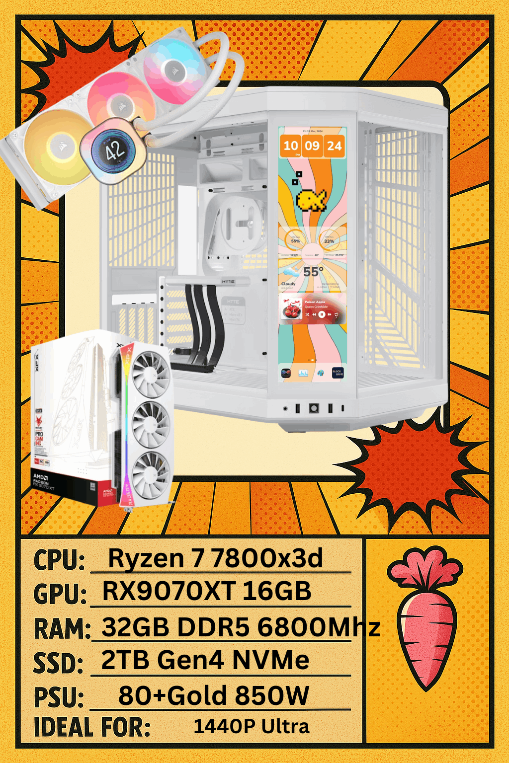 Hyte Touch – Ryzen 7 7800X + RX 9070 XT | 32GB RAM | 2TB NVMe SSD | Gaming PC