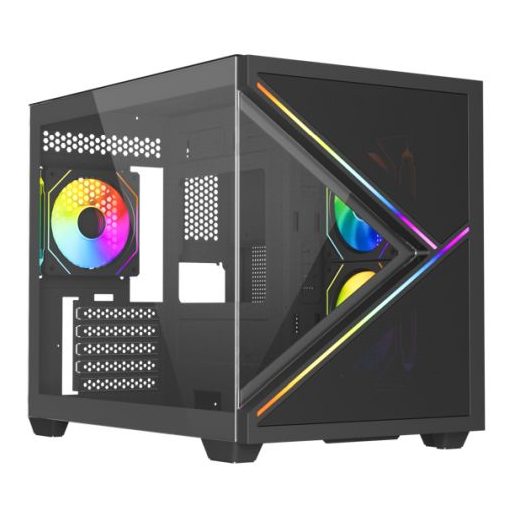 Vida Arcade Black ARGB Gaming Case w/ Glass Side & Glass/Mesh Front, Micro ATX, ARGB Strips, 3x ARGB PWM Fans, 6-Port ARGB Fan Hub & Remote Control