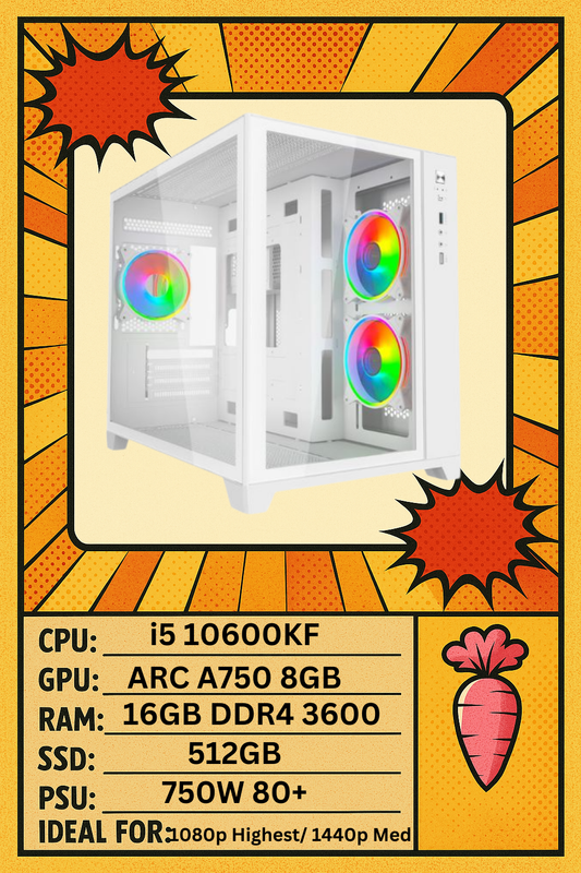 Akira White Gaming PC – Intel i5 10600KF | ARC A750 | 16GB DDR4 | 512GB SSD