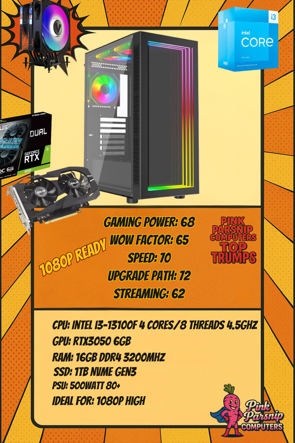 Apeiron Intel Starter Gaming PC – i3-13100F  RTX 3050 6GB  16GB DDR4  1TB NVMe SSD