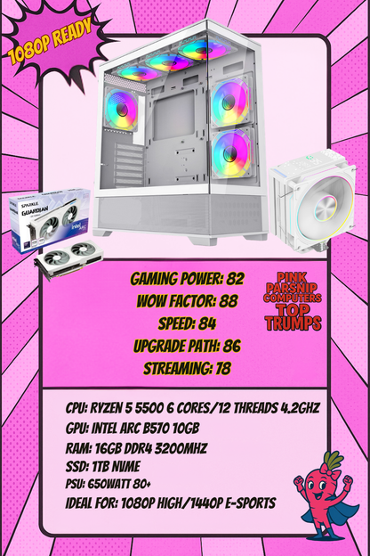 THE APEX WHITE — Ryzen 5 5500 | Arc B570 10GB | 16GB RAM | 1TB NVMe | WiFi | Windows 11