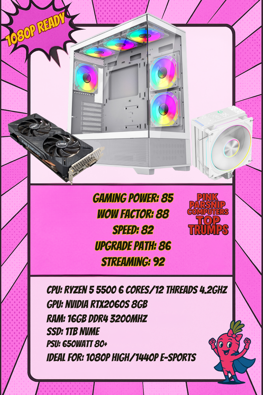 THE APEX WHITE RTX — Ryzen 5 5500 | RTX 2060S 8GB | 16GB RAM | 1TB NVMe | WiFi | Windows 11