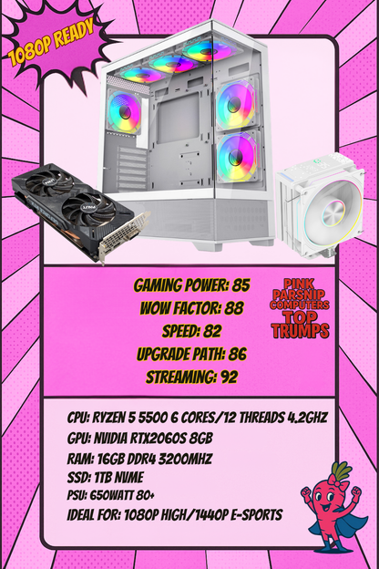 THE APEX WHITE RTX — Ryzen 5 5500 | RTX 2060S 8GB | 16GB RAM | 1TB NVMe | WiFi | Windows 11