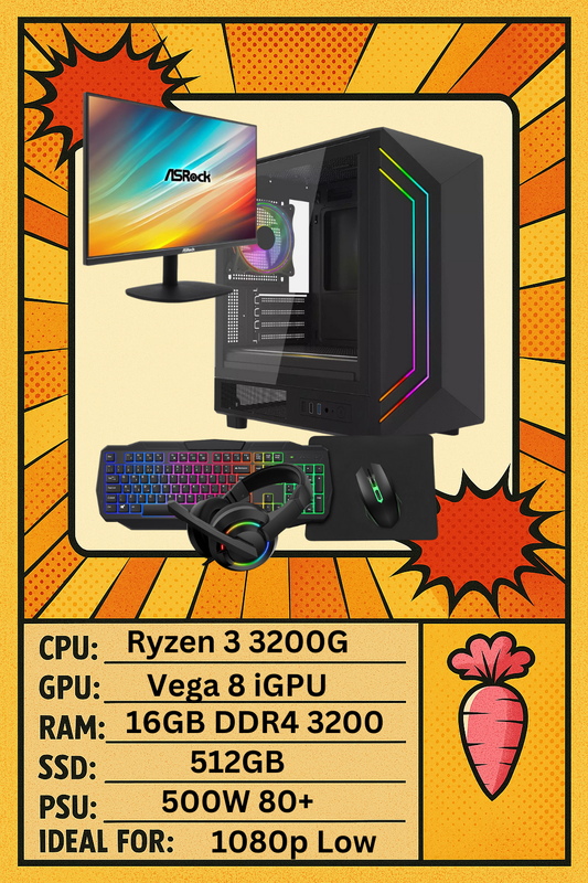 Gaming PC - Ryzen 3 3200G 4 Core - Vega 8 onboard Graphics - 16GB DDR4 - 512GB SSD - 24.5" Monitor - Gaming Bundle