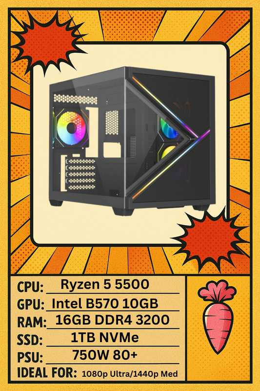 Vida Arcade Gaming PC – Intel Arc B570 | Ryzen-5 5500| 16GB RGB RAM | 1TB NVMe