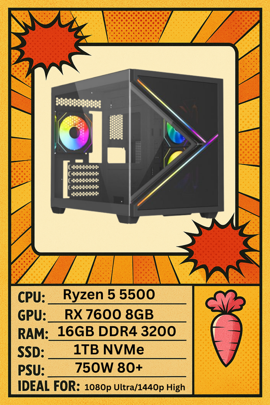 Vida Arcade Gaming PC – RX7600 | Ryzen-5 5500| 16GB RGB RAM | 1TB NVMe