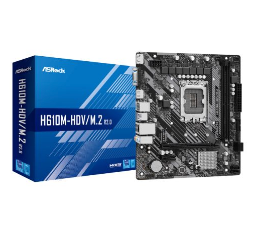 Asrock H610M-HDV/M.2 R2.0, Intel H610, 1700, Micro ATX, 2 DDR4, VGA, HDMI, DP, PCIe4, 1x M.2