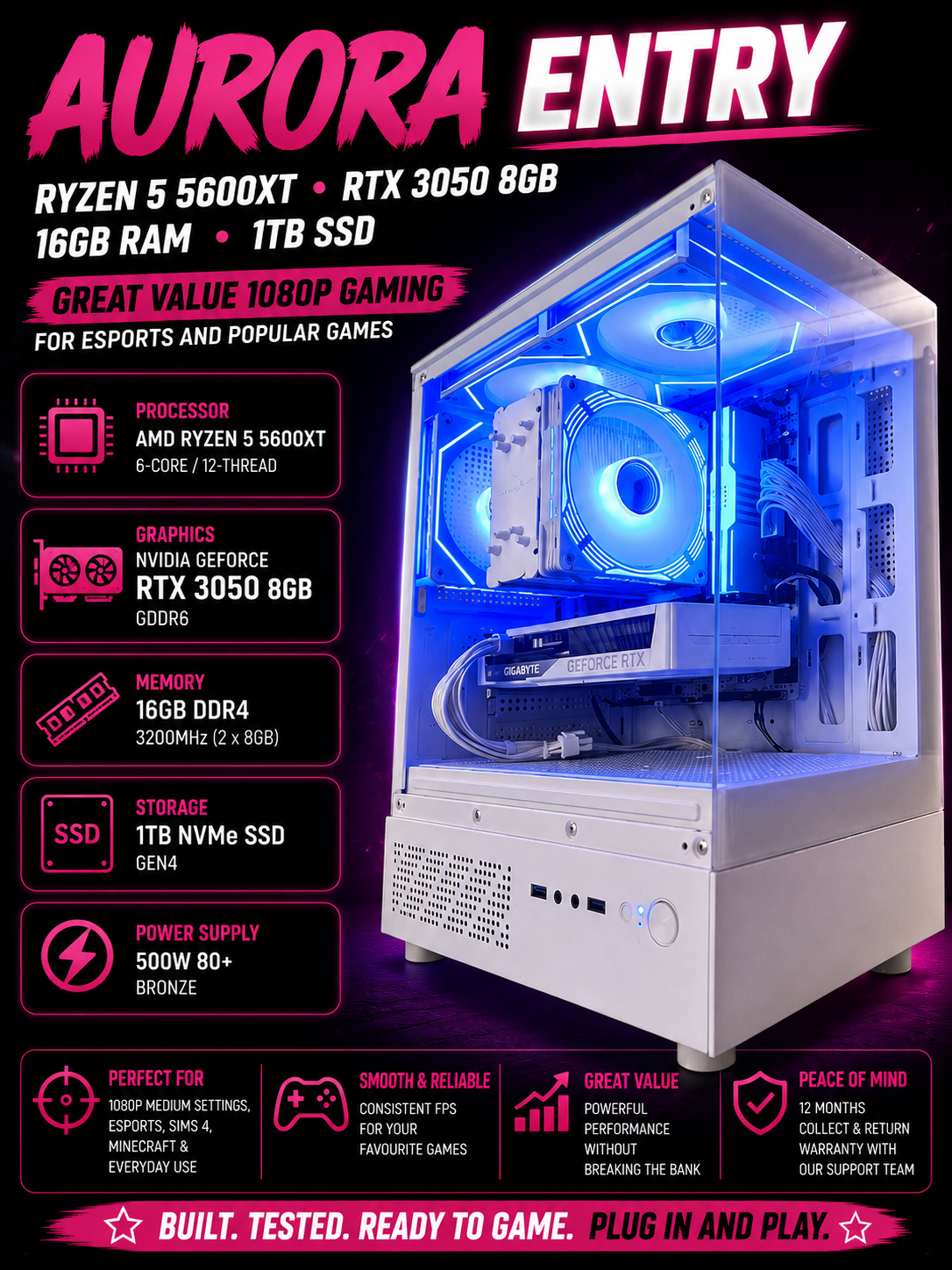 Aurora Entry — Ryzen 5 5600 • RTX 3050 8GB • 16GB RAM • 1TB SSD | DDR4