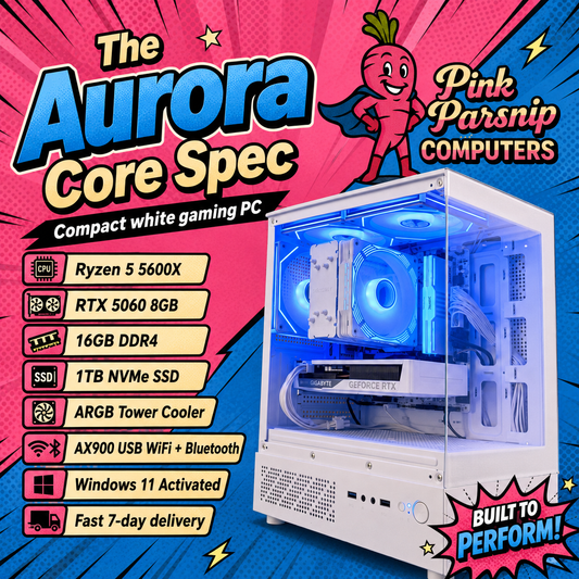 AURORA CORE SPEC WHITE – Ryzen 5 5600XT • RTX 5060 8GB • 16GB RAM • Wi-Fi | Fortnite & GTA | White Build | DDR4
