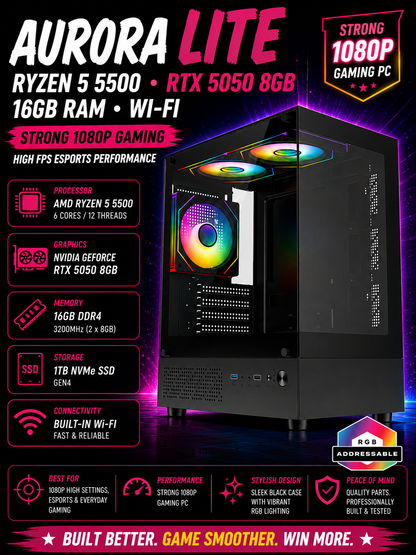 AURORA LITE – Ryzen 5 5500 • RTX 5050 8GB • 16GB RAM • Wi-Fi | DDR4