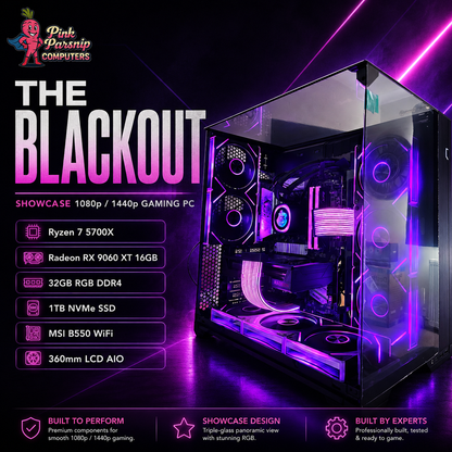 The Blackout | Ryzen 7 5700X | RX 9060 XT 16GB | 32GB RGB | Lian Li O11 Vision Gaming PC