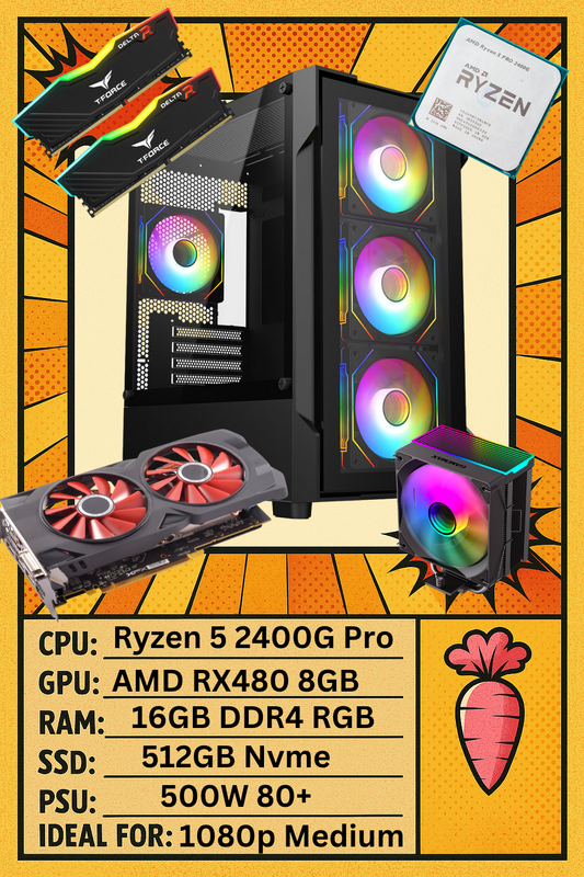 The Bolt – Ryzen 5 2400G Pro | RX 480 8GB | 16GB DDR4 | 512GB NVMe | ARGB Air Cooler