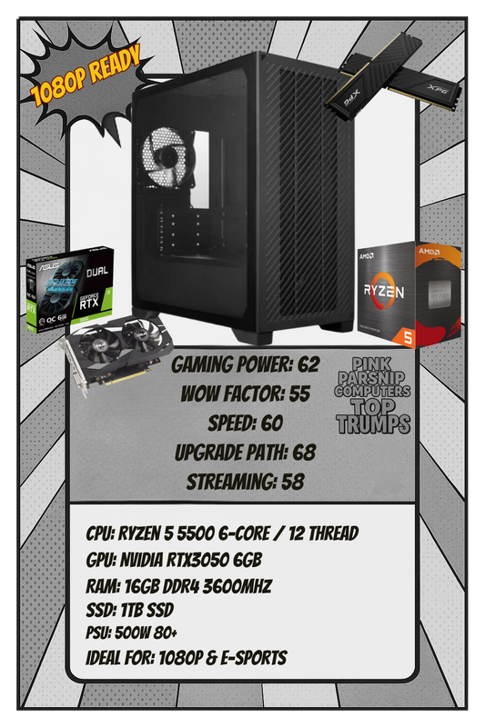 Clean Black Starter PC | Ryzen 5 5500 | RTX 3050 | 16GB RAM | 1TB SSD