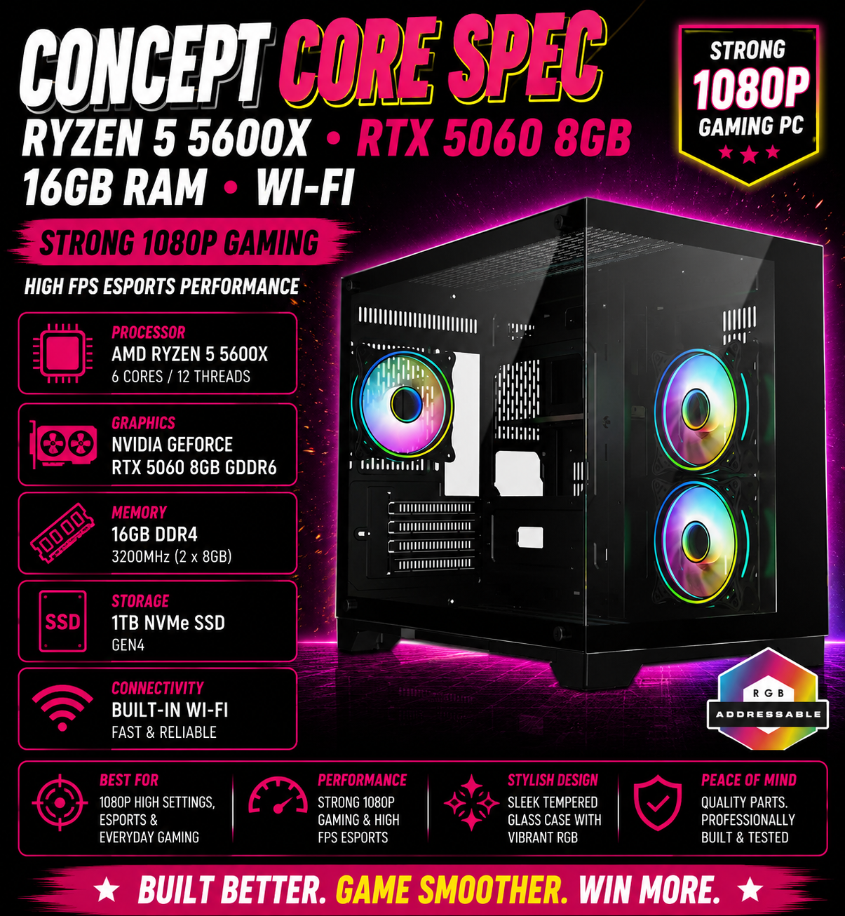 CONCEPT CORE SPEC – Ryzen 5 5600X • RTX 5060 8GB • 16GB RAM • Wi-Fi | Fortnite & GTA | DDR4