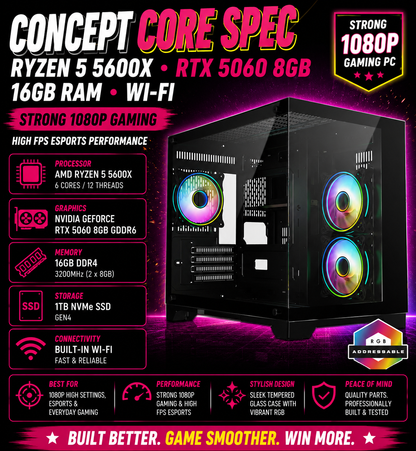 CONCEPT CORE SPEC – Ryzen 5 5600X • RTX 5060 8GB • 16GB RAM • Wi-Fi | Fortnite & GTA | DDR4