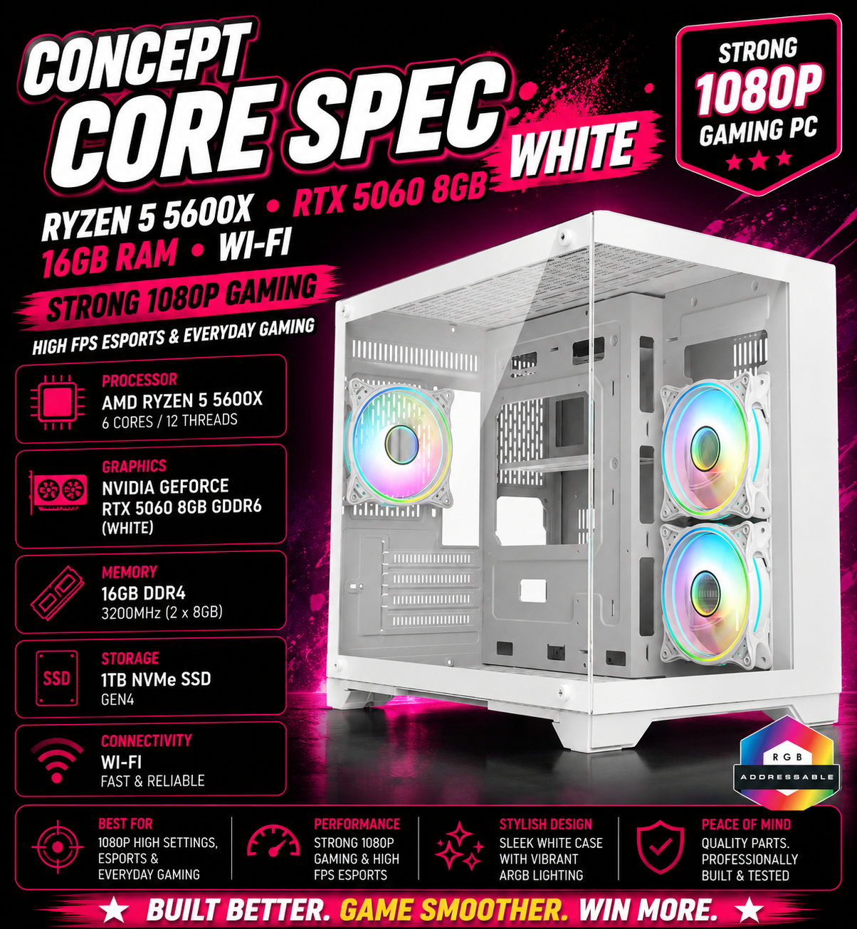 CONCEPT CORE SPEC WHITE – Ryzen 5 5600X • RTX 5060 8GB • 16GB RAM • Wi-Fi | Fortnite & GTA | White Build | DDR4