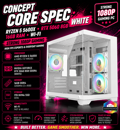 CONCEPT CORE SPEC WHITE – Ryzen 5 5600X • RTX 5060 8GB • 16GB RAM • Wi-Fi | Fortnite & GTA | White Build | DDR4
