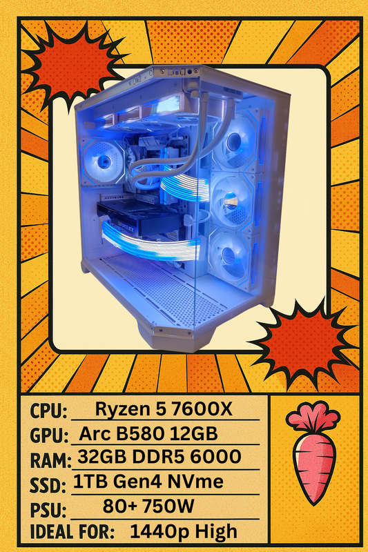 Lucid White RGB Gaming PC – Ryzen 5 7600X | Arc B580 12GB White | 32GB DDR5 | 1TB Gen4 | Windows 11 Pro