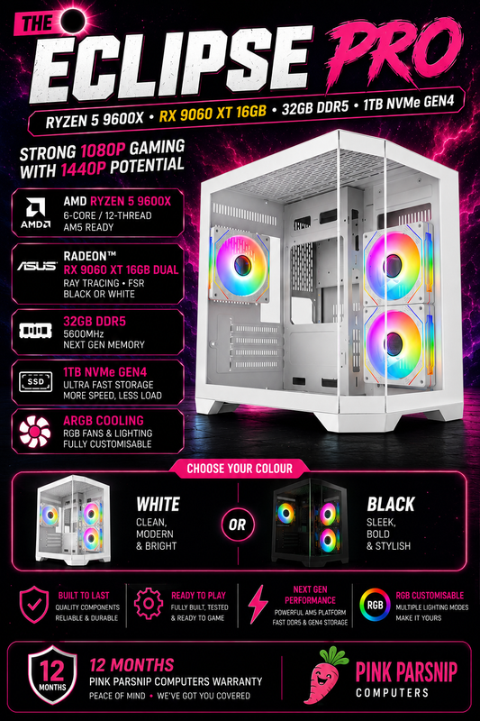 🌑 Eclipse Pro — Ryzen 5 9600X • RX 9060 XT 16GB • 32GB DDR5 • 1TB NVMe Gen4 | Fortnite & GTA | Streaming Ready