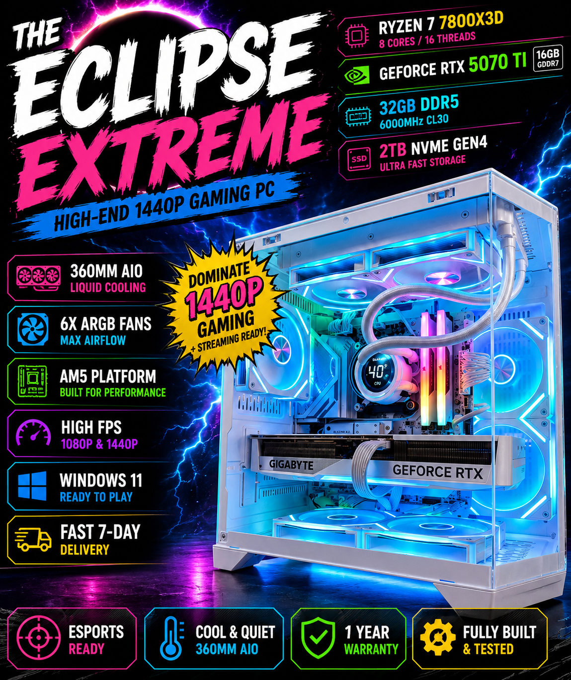 🌑 Eclipse Extreme — Ryzen 7 7800X3D • RTX 5070ti 16GB • 32GB DDR5 • 2TB NVMe Gen4 | 1440p Gaming | Fortnite & GTA | Streaming Ready