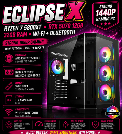 ECLIPSE X – Ryzen 7 5800XT • RTX 5070 12GB • 32GB RAM • Wi-Fi + Bluetooth | 1440p Gaming | DDR4 | Streaming Ready